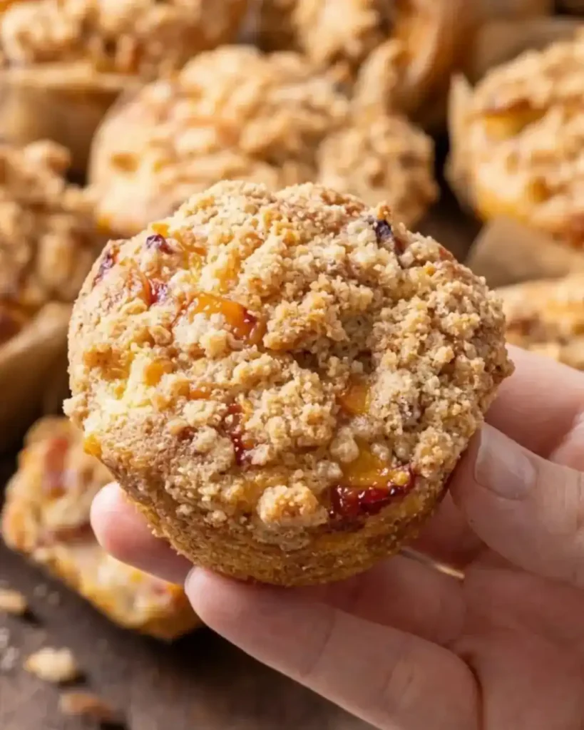 Golden-Gluten Free Peach Streusel Muffins cooling on a wire rack.