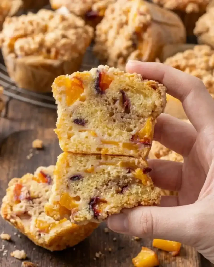 Close-up of a Gluten-Free Peach Streusel Muffin showing soft crumb and juicy peach chunks.