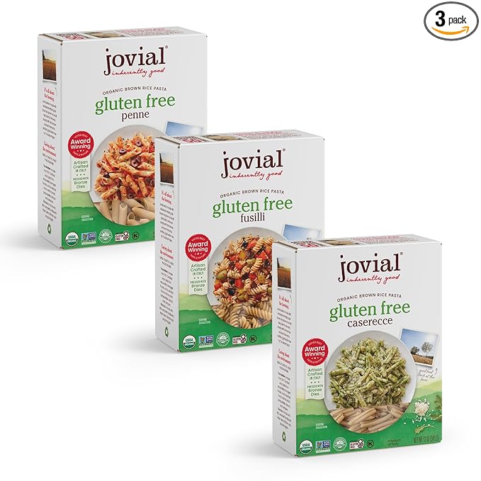 Jovial Whole Grain Brown Rice Pasta Variety Pack (Rigate, Fusilli, Caserecce) - Whole Grain Pasta, Organic Pasta, Gluten Free, Dairy Free, Brown Rice Pasta, Made in Italy - 12 Oz, 3 Pack