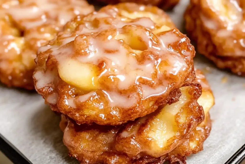 Gluten-Free Apple Fritters on a plate, drizzled with cinnamon glaze.