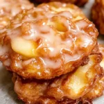 Gluten-Free Apple Fritters on a plate, drizzled with cinnamon glaze.