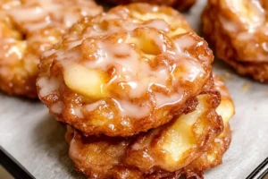 Gluten-Free Apple Fritters on a plate, drizzled with cinnamon glaze.