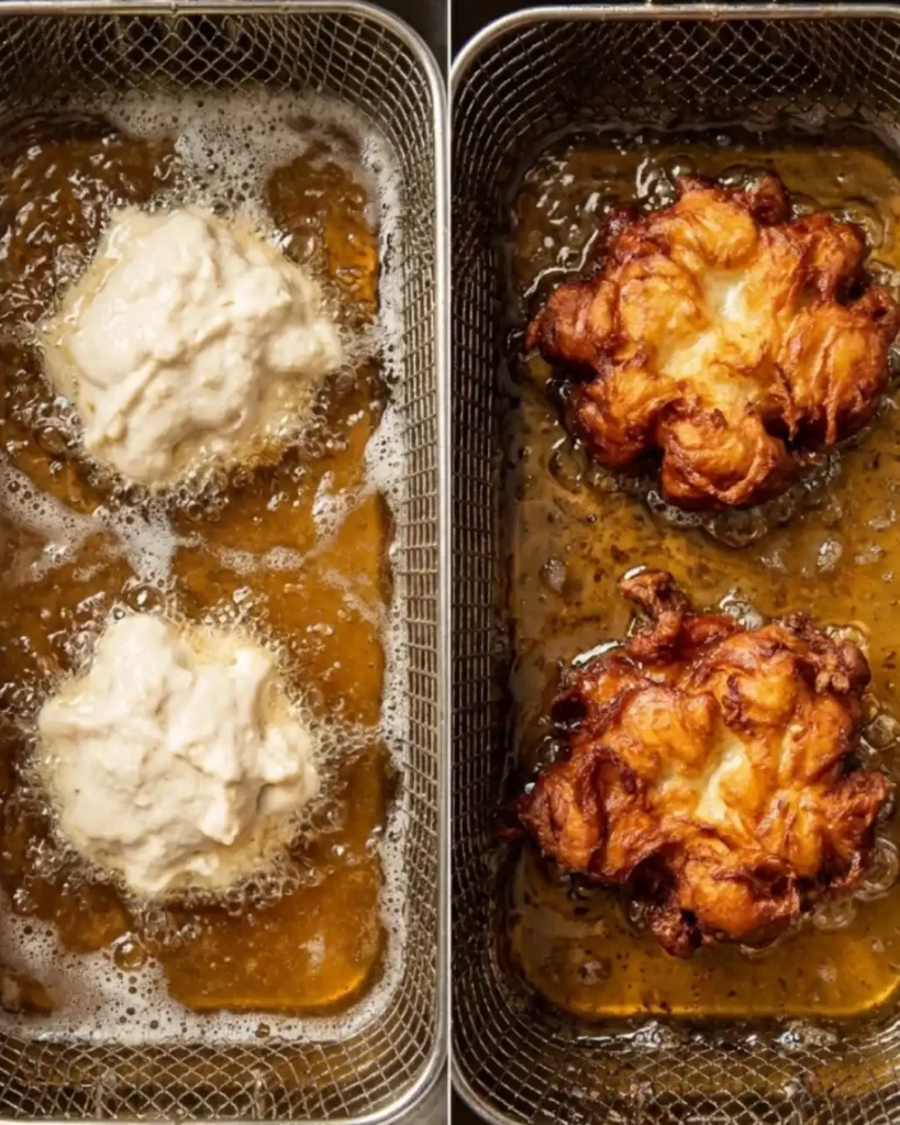 Gluten-free apple fritters frying in hot oil, with batter on the left and golden brown fritters on the right.