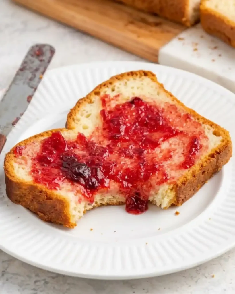 Slice of gluten-free brioche topped with homemade raspberry jam