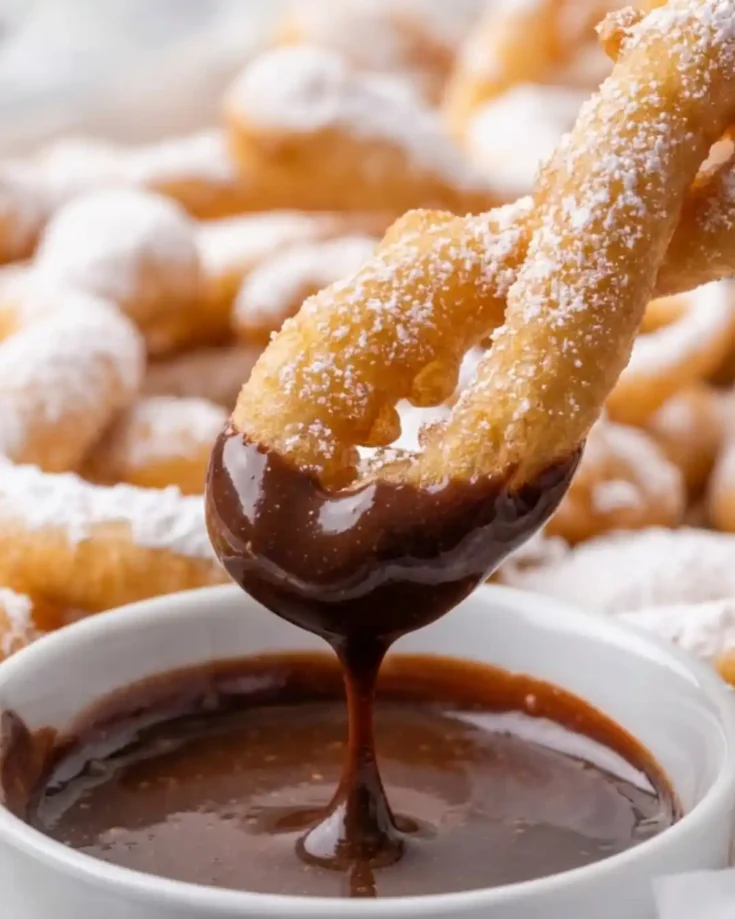 Gluten-Free Funnel Cake Fries dipped in chocolate sauce and dusted with powdered sugar.