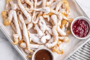 Gluten-Free Funnel Cake Fries dusted with powdered sugar