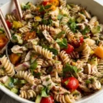 Gluten-Free Italian Pasta Salad with grilled chicken, tomatoes, cucumber, feta, and Italian dressing