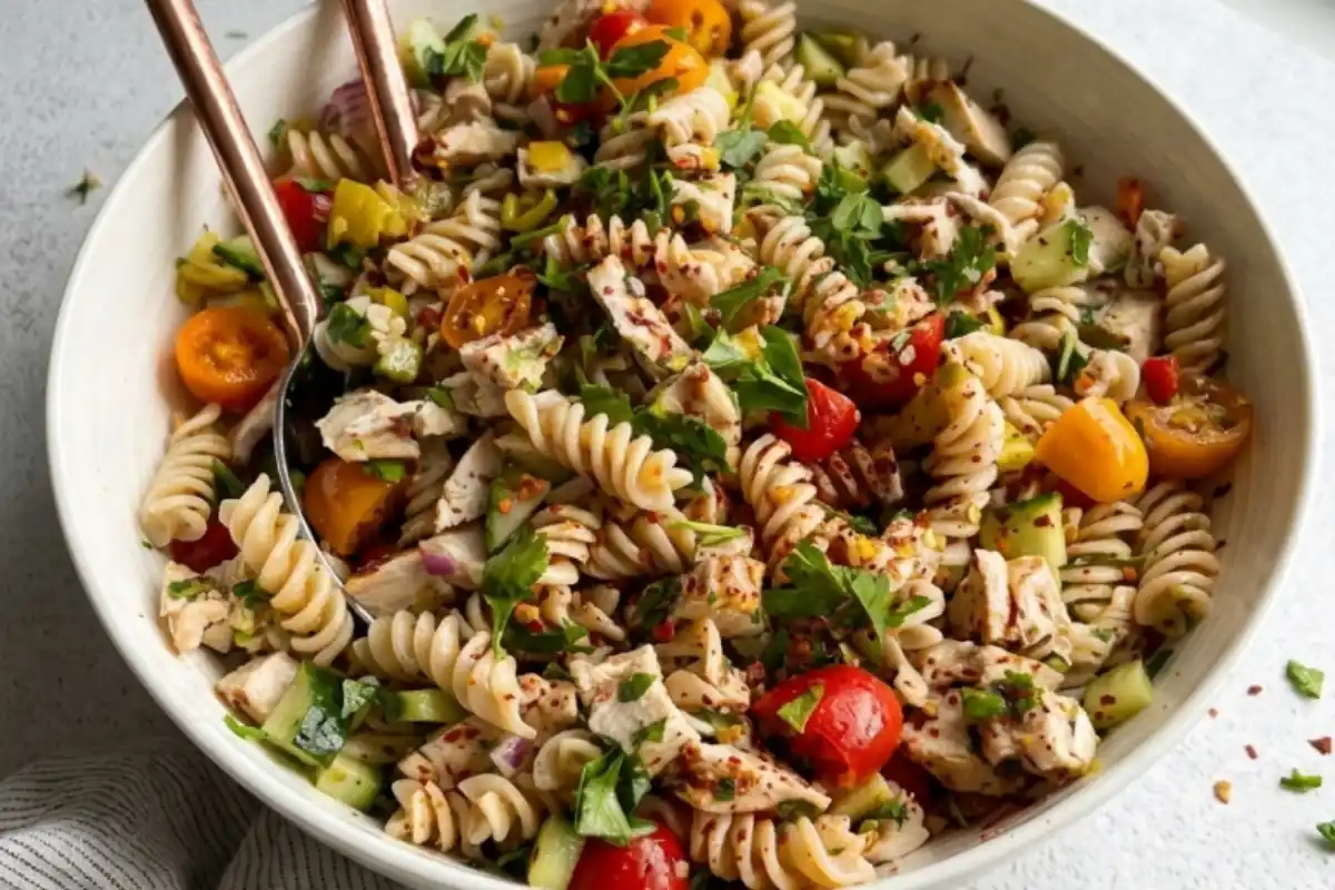 Gluten-Free Italian Pasta Salad with grilled chicken, tomatoes, cucumber, feta, and Italian dressing