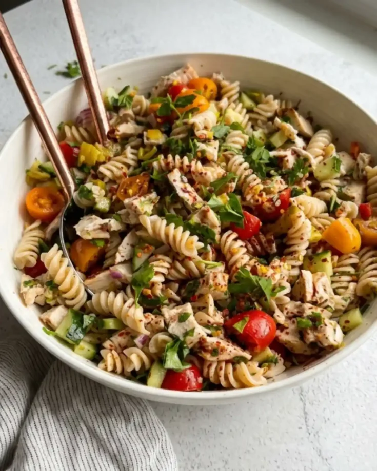 Gluten-Free Italian Pasta Salad with grilled chicken, tomatoes, cucumber, feta, and Italian dressing